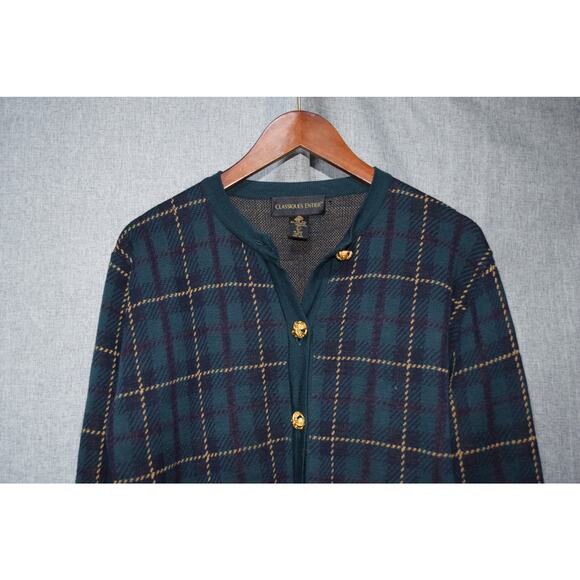 Classiques Entier Plaid Cardigan Sweater Green Blue Gold Buttons Size M - Picture 2 of 3